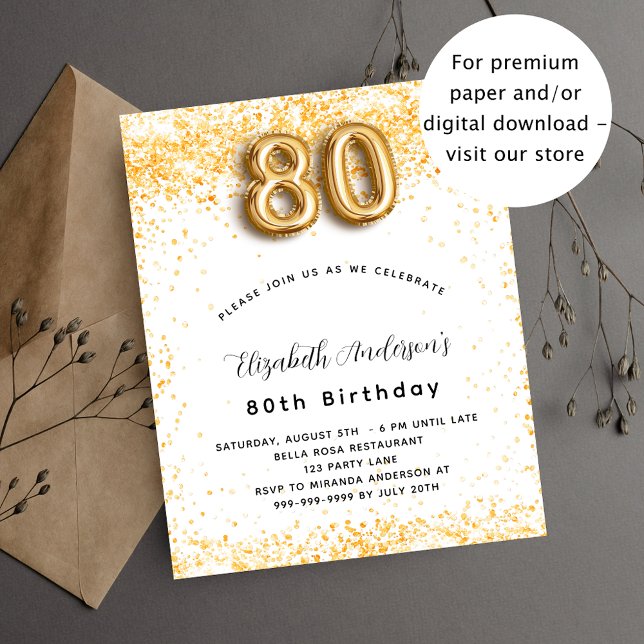 80th birthday white gold glitter budget invitation flyer (Creator Uploaded)