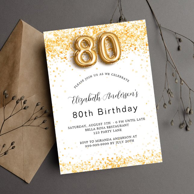 80th birthday white gold glitter elegant invitation postcard (Creator Uploaded)