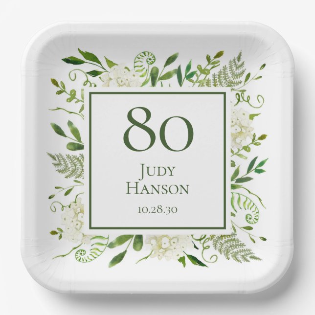 80th Birthday White Hydrangeas Paper Plate (Front)
