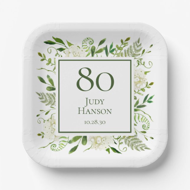 80th Birthday White Hydrangeas Paper Plate (Front)