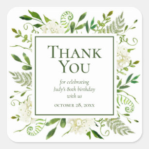 80th Birthday White Hydrangeas Thank You Square Sticker