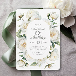 80th Birthday White Peonies Watercolor Floral Invitation