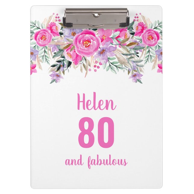 80th birthday white pink floral clipboard (Front)