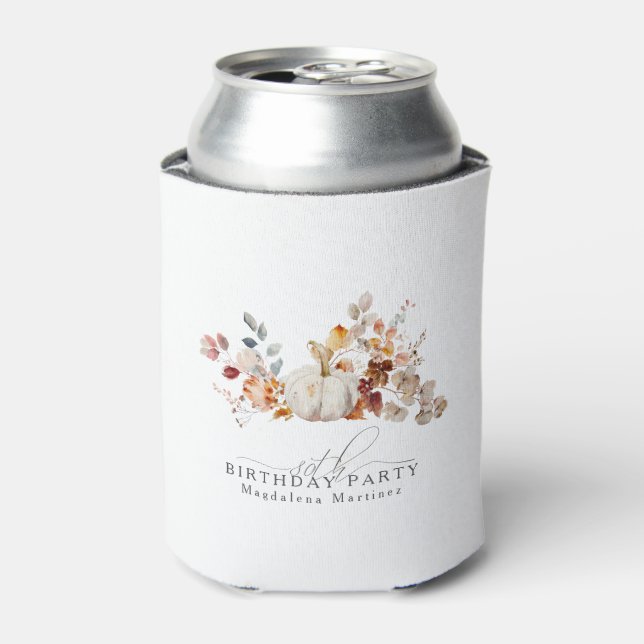 80th Birthday White Pumpkin Fall Flowers Custom Can Cooler (Can Front)