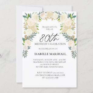 80th Birthday White Roses Floral Script Party  Invitation