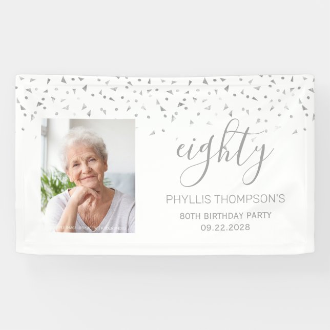 80th Birthday White Silver Confetti Photo Banner (Horizontal)