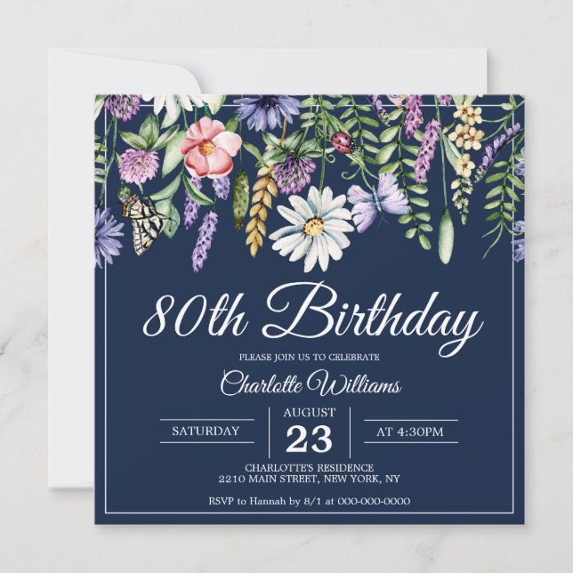 80th Birthday Wildflowers Elegant Navy Blue Floral Invitation (Front)