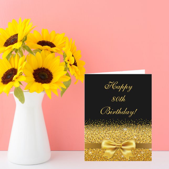 80th birthday with gold bow on chic black card (Creator Uploaded)