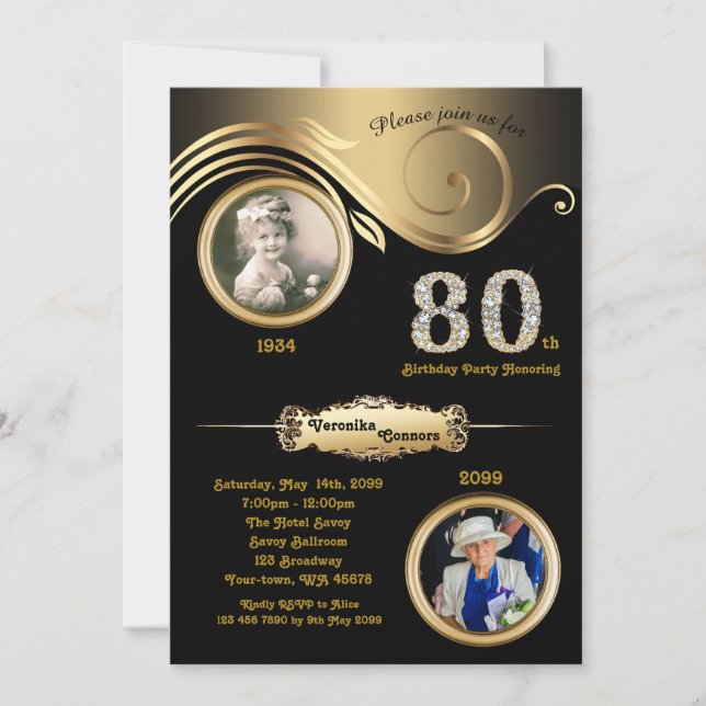80th,Birthday Woman 80th, art deco, black gold Invitation (Front)