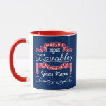 80th Birthday World’s Most Loveable 80-Year-Old Mug<br><div class="desc">Celebrate the milestone birthday of your favourite senior citizen with this fun gift reminding them of how loveable they are. White lettering on Cardinal Red banners over Navy Blue background, with personalised name space adorned by curly cues. Customise with names, initials or other text. The background colour is changeable--simply click...</div>