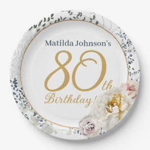 80th Birthday Yellow Floral Elegant Custom Photo Paper Plate