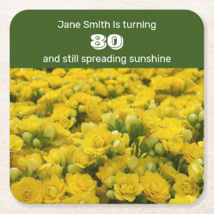 80th Birthday Yellow Floral Milestone Party Square Paper Coaster