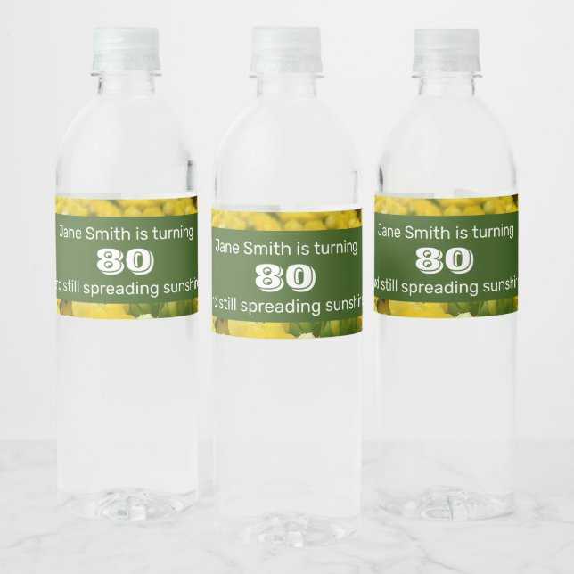 80th Birthday Yellow Flower Photo Milestone Water Bottle Label (Bottles)