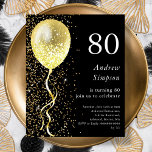 80th | Black & Gold Birthday Budget Invitation<br><div class="desc">Celebrate your special day in style with our black and gold glitter balloon birthday invitation! This affordable customisable paper invitation features a sleek black background with an eye-catching gold balloon and a cascade of gold glitter, creating a sophisticated and festive design that will make your guests feel excited to attend...</div>