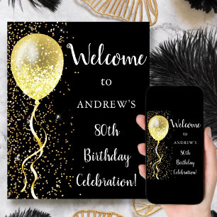 80th   Black & Gold Glitter Birthday Welcome Poster