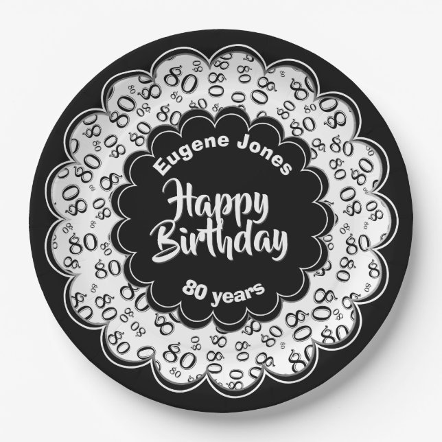 80th Black/White Random Number Pattern Paper Plate (Front)