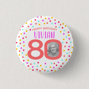 80th custom photo colourful coral confetti birthda 3 cm round badge