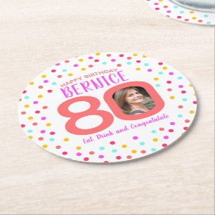 80th custom photo colourful coral confetti birthda round paper coaster