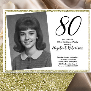 80th Custom Photo White and Gold  Invitation