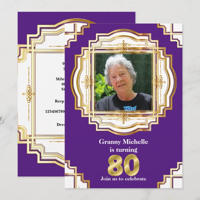 80th elegant gold purple white photo frame eighty invitation (Front/Back)