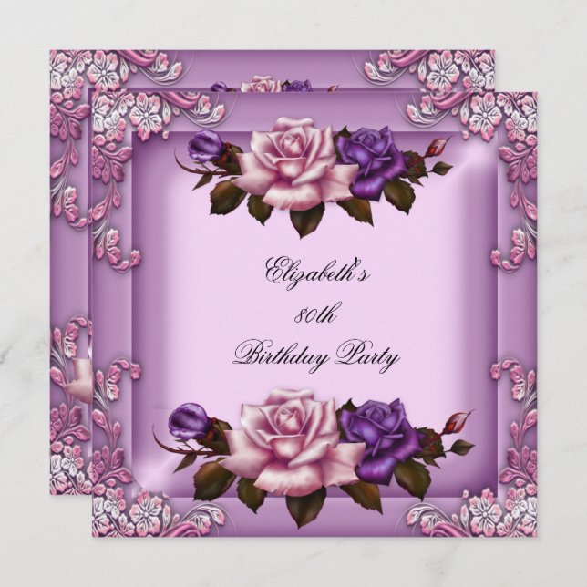 80th Elegant Lilac Pink Purple Roses Birthday Invitation (Front/Back)