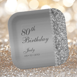 80th Elegant Silver Birthday Paper Plate