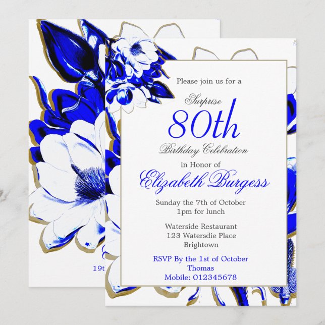 80th Floral Blue and White Spring Elegant Birthday Invitation (Front/Back)