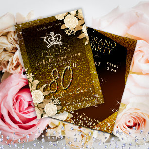 80th Glittering Crown Gold Birthday  Invitation