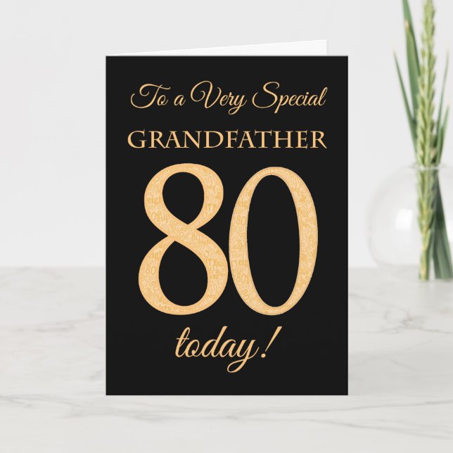 80th Gold-effect on Black, Grandfather Birthday Card (Front)