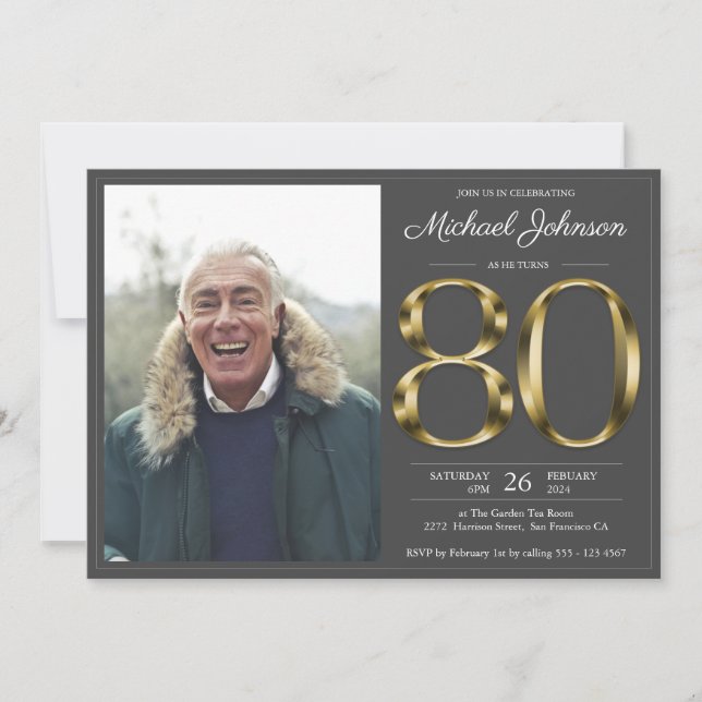 80th Gold Text Dark Grey Classy Photo Birthday Invitation (Front)