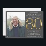 80th Gold Text Dark Grey Classy Photo Birthday Invitation<br><div class="desc">80th Eightieth Gold Text Dark Grey Classy Birthday Invitation. Simple yet classy birthday invitation with the birth year milestone in solid gold text effect! This is an editable template and could be used for both male and female. Contact me if you have any questions, I will do my best to...</div>
