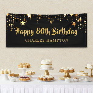 80th Happy Birthday Black Gold Stars or Your Text Banner