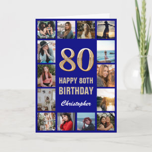 80th Happy Birthday Navy Blue & Gold Photo Collage Card