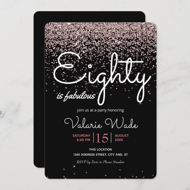 80th Is Fabulous Birthday Party Pink Glitter Invitation (Front/Back)