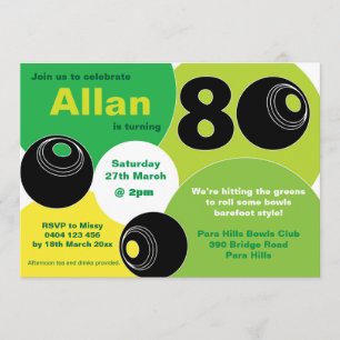 80th Lawn Bowls Barefoot Bowling Birthday Invitation
