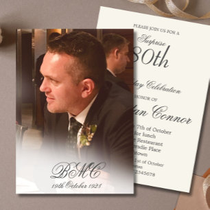 80th Male Birthday Simple Elegant Personal Photo Invitation