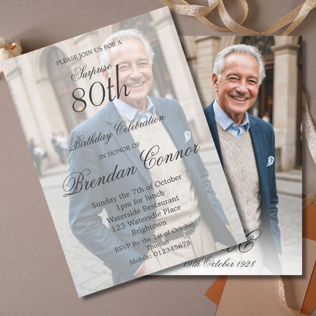 80th Male Birthday Simple Elegant Photo Invitation (Creator Uploaded)