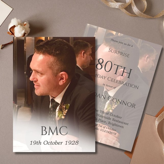 80th Male Birthday Simple Elegant Photo Invitation (Creator Uploaded)