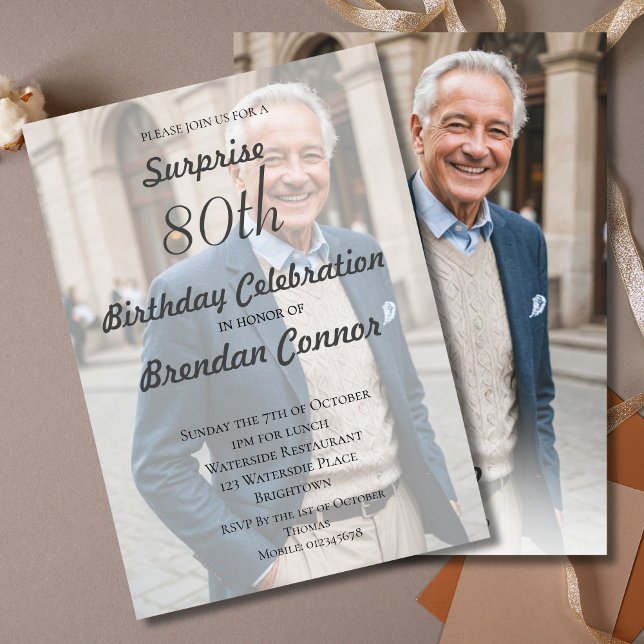 80th Male Birthday Simple Monogram Elegant Photo Invitation (Creator Uploaded)