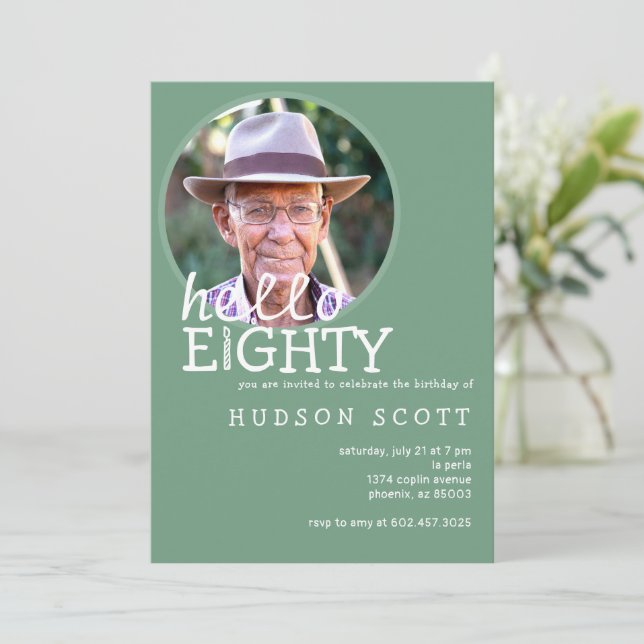  80th Mens Birthday Party Photo Eighty Sage Green Invitation (Standing Front)