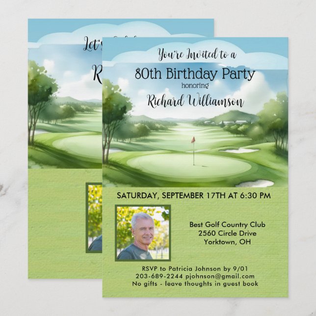 80th Men's Birthday Party Photo Golf  Invitation (Front/Back)