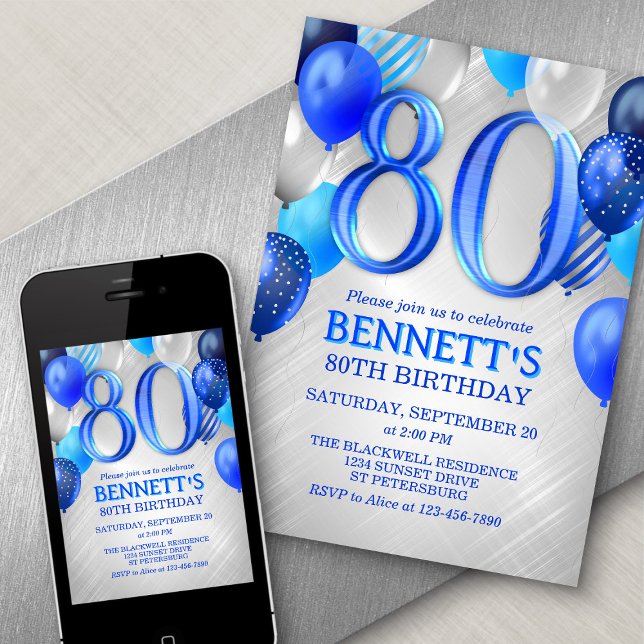 80th Mens Blue Birthday Invitation (Creator Uploaded)