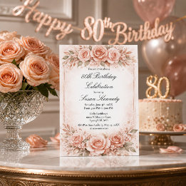 80th Milestone Blush Rose Elegant Birthday Party Invitation