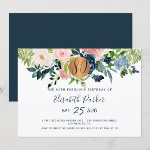 80th Modern navy flowers watercolor birthday party Invitation