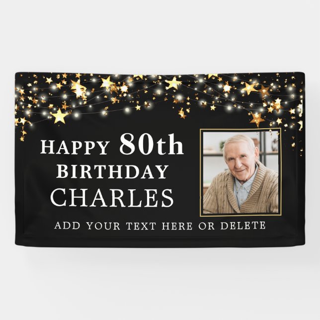 80th or Any Birthday Photo Gold Stars Your Colour Banner (Horizontal)