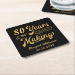 80th or Any Birthday Retro Years in the Making Square Paper Coaster<br><div class="desc">Retro 80th or any birthday personalised coasters featuring a retro calligraphy script typography title 80 YEARS IN THE MAKING which incorporates his or her birth year within the design and your custom text (shown name and date)--all in your choice of colours. ASSISTANCE: For help with design modification or personalisation, colour...</div>