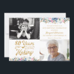 80th or Any Birthday YEARS IN THE MAKING Floral Invitation<br><div class="desc">80th birthday (or any age birthday) 2-photo party invitation featuring an editable retro typography design for the number of YEARS IN THE MAKING for their age which incorporates their birth year within the design, floral bouquets in multi colours of blue, pink and white accented with greenery and gold leaves. Include...</div>