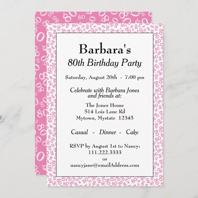 80th Party Pink/White Random Number Pattern Invitation (Front/Back)