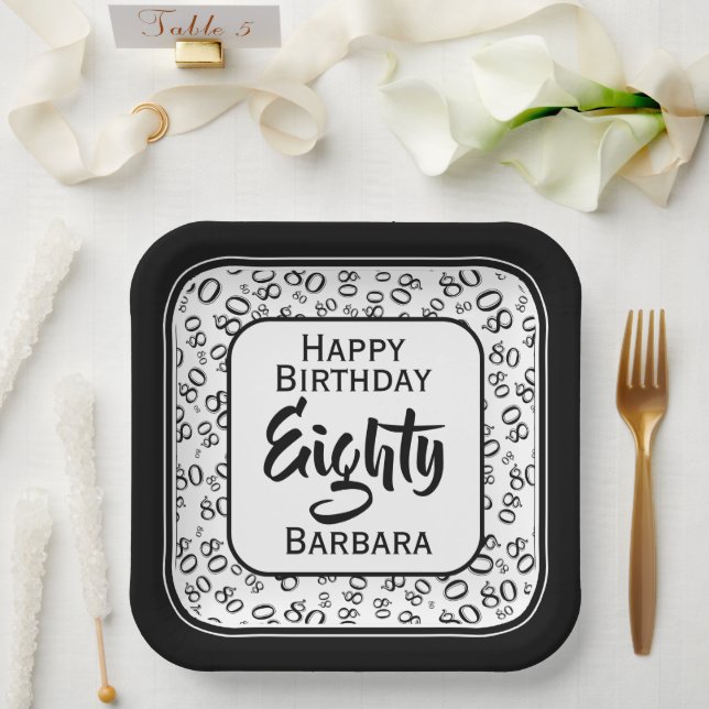 80th Party Random Number Pattern Black/White Paper Plate (Wedding)