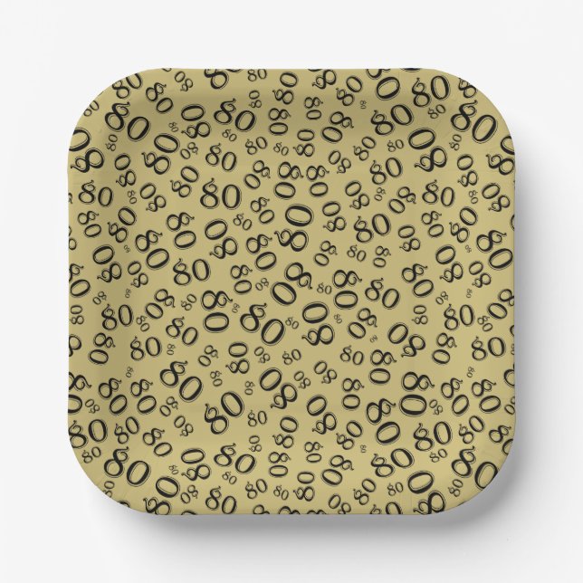 80th Party Random Number Pattern Gold/Black Paper Plate (Front)